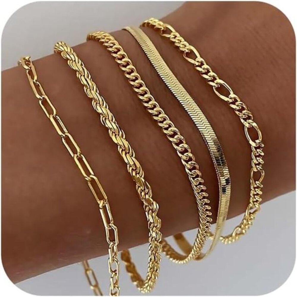 Womens Gold Plated Bracelet Set Dainty Layering Tennis Cuban Link Chain